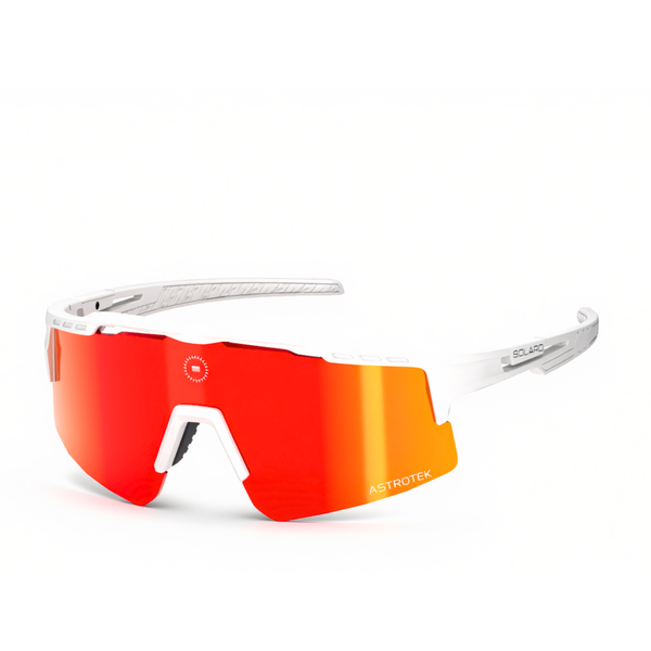 Solaro Cosmos White Hot sunglasses with white frame and red-orange mirrored lens, three-quarter view on white.