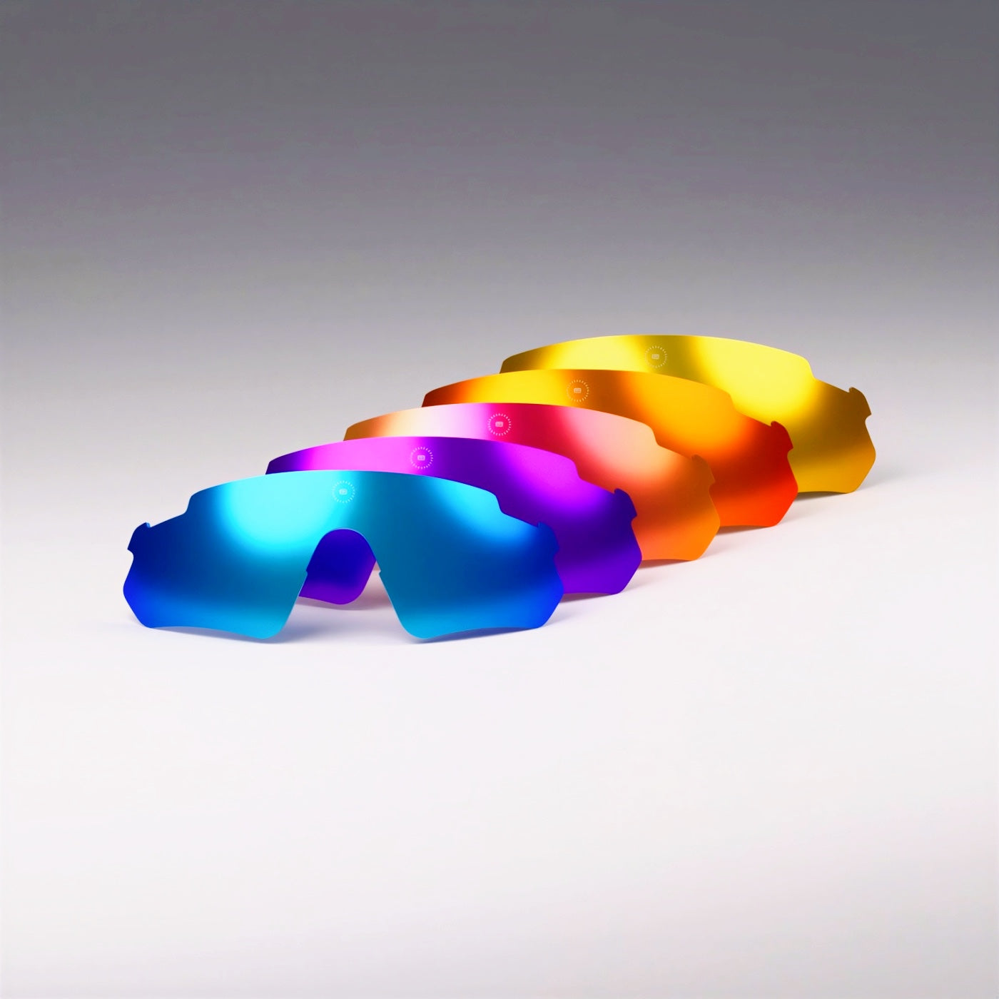 Blue, purple, pink, orange and gold interchangeable Solaro lenses