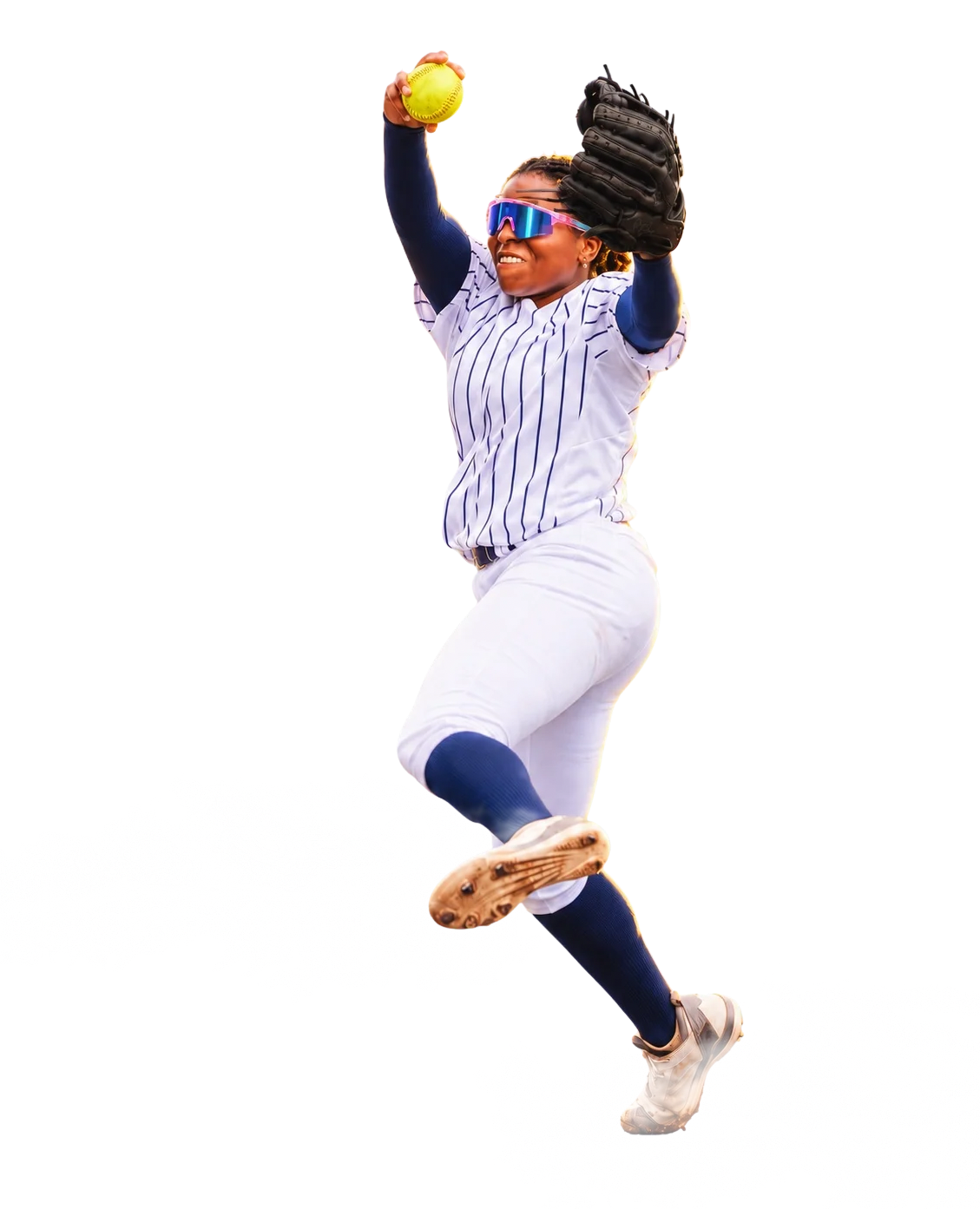 Softball pitcher in white pinstripes wearing pink and blue Solaro sunglasses against an animated cloudscape