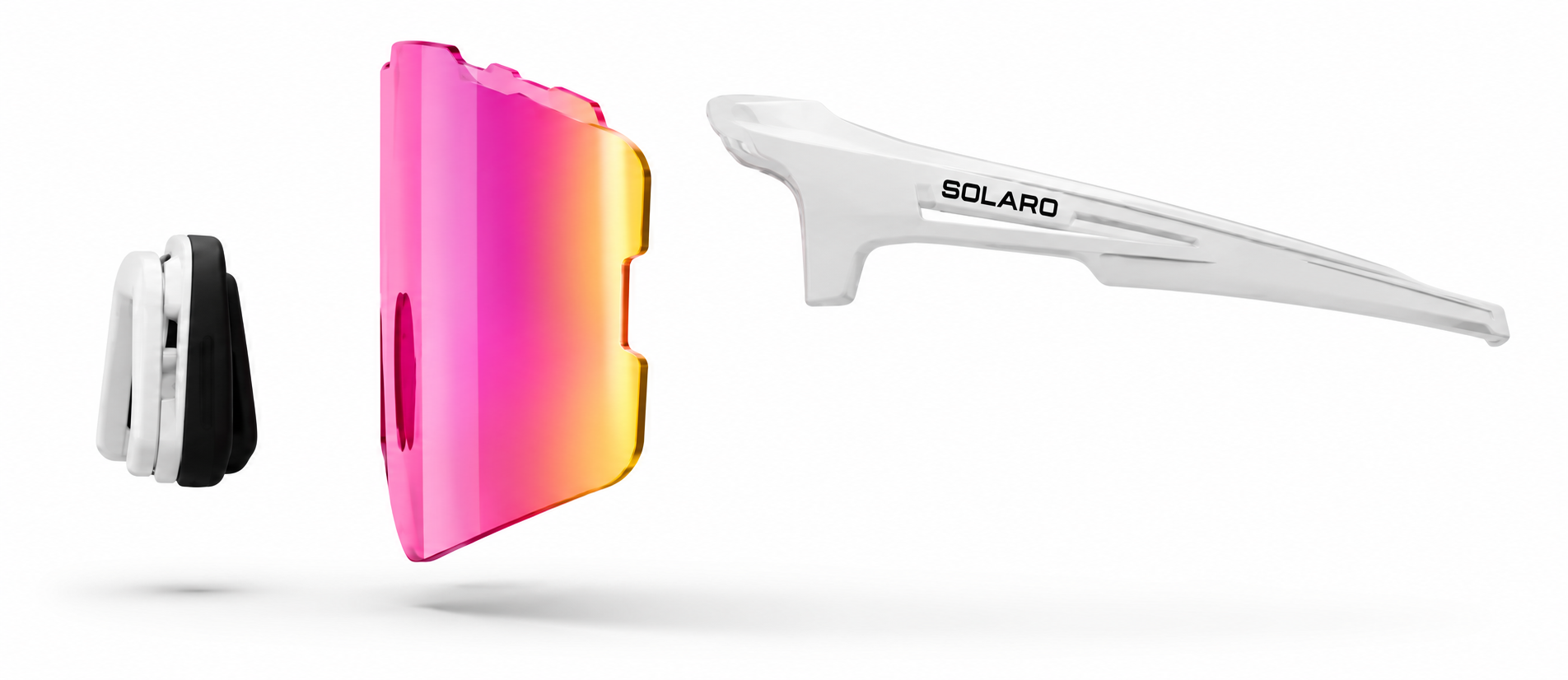 Separated Solaro nosepiece, Cotton Candy mirror lens, and white temple arm